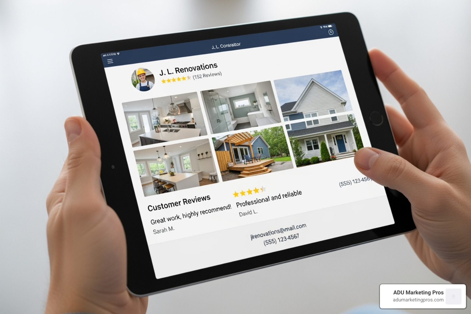 A person's hands holding a tablet displaying a contractor's online profile with project photos, customer reviews, and contact information. - adu construction near me