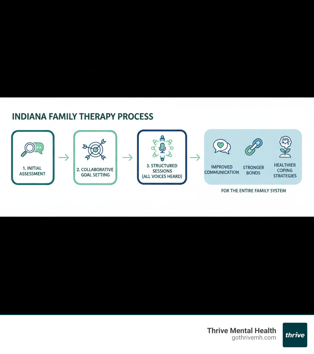 Infographic showing family therapy process: initial assessment leads to collaborative goal setting, then structured sessions where all family members are heard, resulting in improved communication, stronger bonds, and healthier coping strategies for the entire family system - Indiana family therapy infographic Infographic showing family therapy process: initial assessment leads to collaborative goal setting, then structured sessions where all family members are heard, resulting in improved communication, stronger bonds, and healthier coping strategies for the entire family system - Indiana family therapy infographic