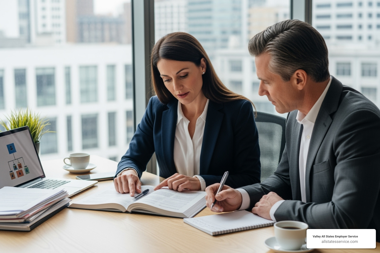 A consultant reviewing an employee handbook with a client, demonstrating collaborative HR compliance work - HR compliance consulting A consultant reviewing an employee handbook with a client, demonstrating collaborative HR compliance work - HR compliance consulting