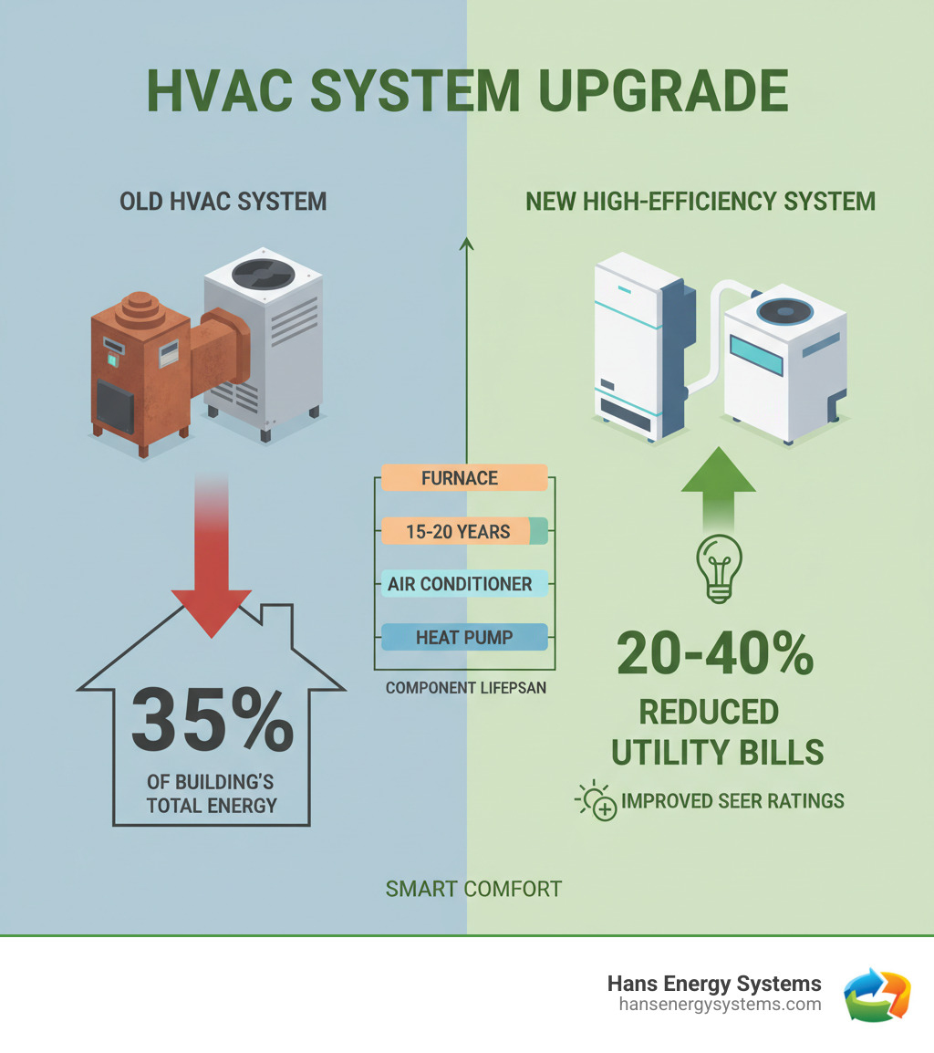 Infographic showing energy consumption comparison between old HVAC systems (consuming 35% of building's total energy) versus new high-efficiency systems with 20-40% reduced utility bills, SEER ratings improvement, and component lifespan differences between furnaces lasting 15-20 years, air conditioners 10-15 years, and heat pumps 10-15 years - HVAC system upgrade infographic 