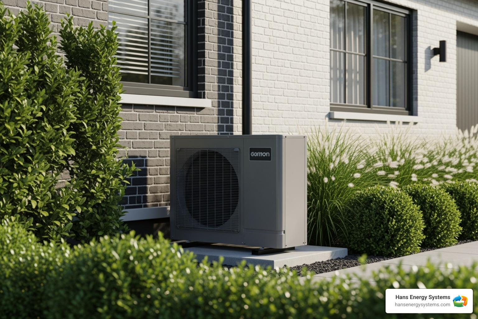 A modern, sleek outdoor heat pump unit stands discreetly next to a well-maintained home exterior, blending into the landscape - HVAC system upgrade