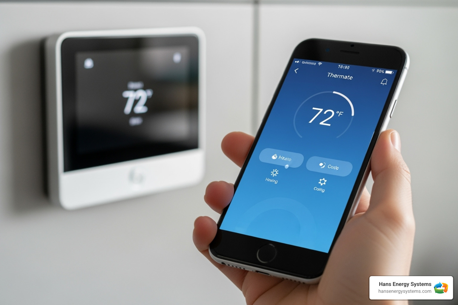 A hand holds a smartphone displaying a smart thermostat app, with a modern, sleek smart thermostat mounted on a wall in the background - HVAC system upgrade