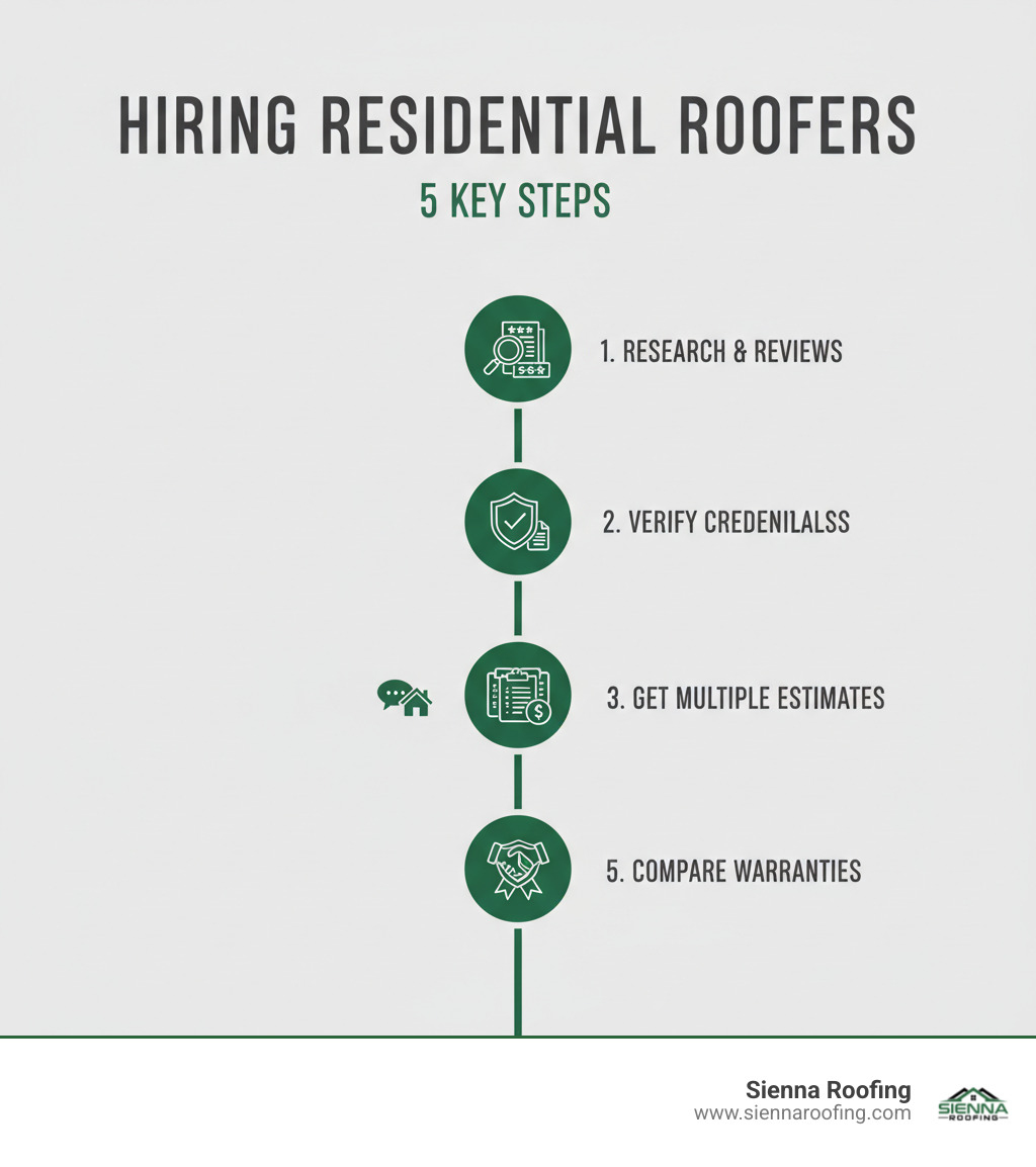 Step-by-step guide showing the 5 key steps to hiring residential roofers: research and reviews, verify credentials, get multiple estimates, check references, and compare warranties - residential roofers near me infographic 