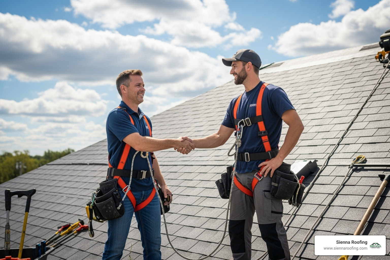 A homeowner and a roofer, both wearing safety harnesses, shake hands on a job site with a completed roof in the background - residential roofers near me