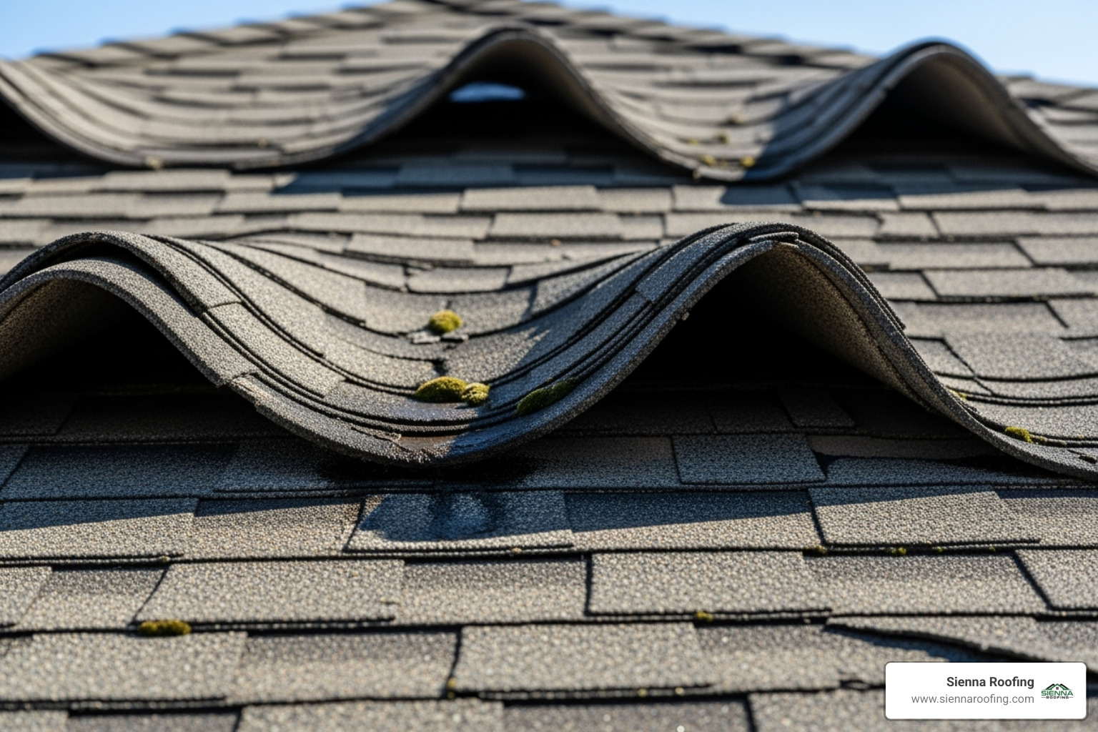 Curling and buckling asphalt shingles on a residential roof - residential roofers near me
