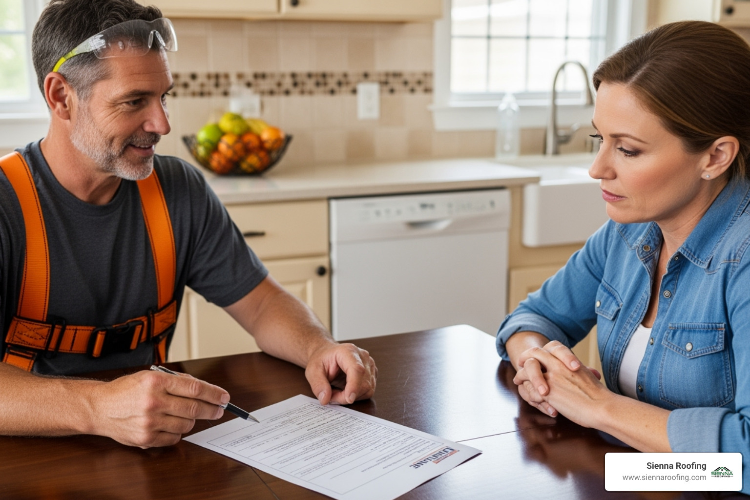 A roofer, wearing appropriate safety gear, explains a detailed written estimate to a homeowner at their kitchen table - residential roofers near me