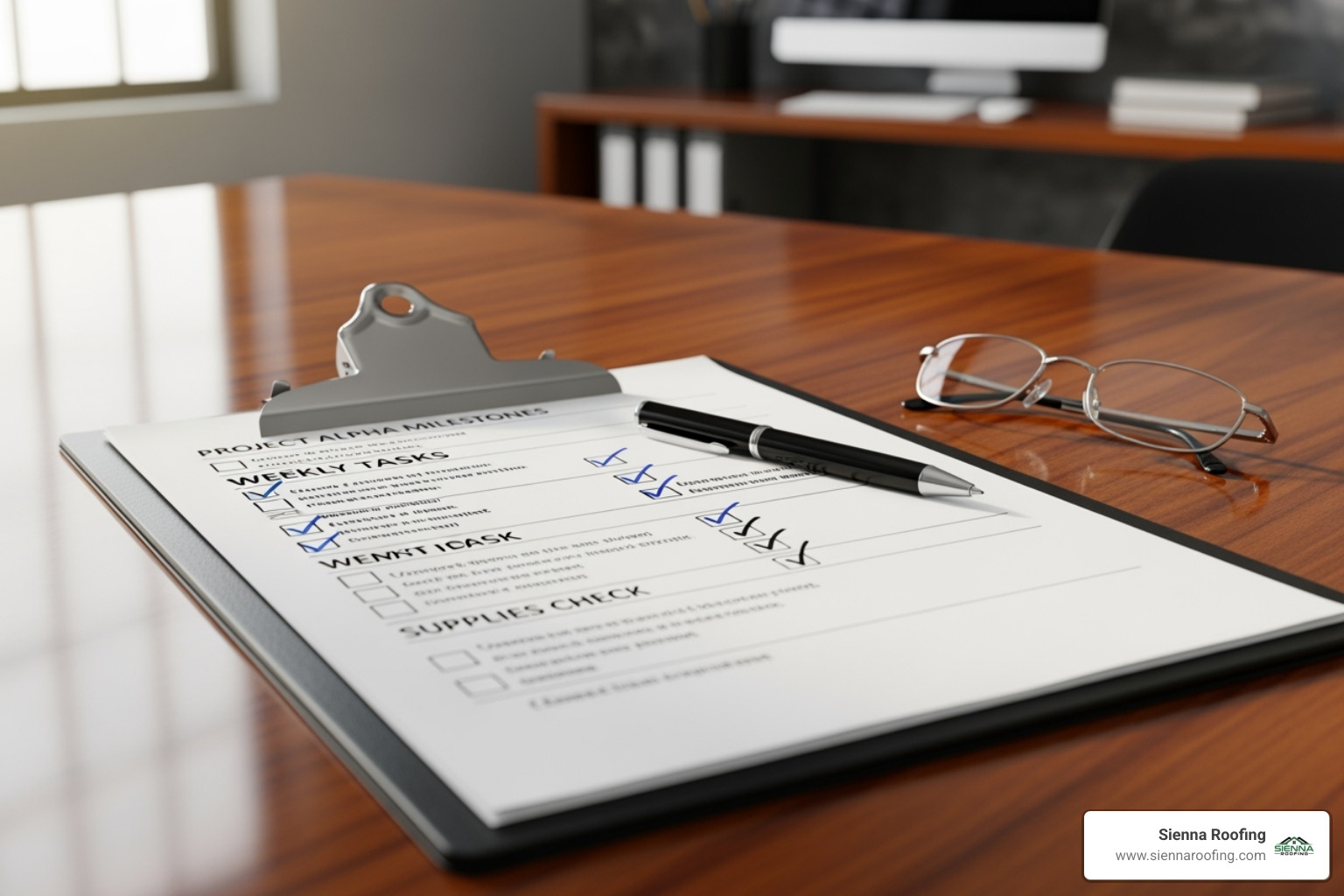 A clipboard with a detailed checklist for hiring a roofing contractor, with some items already checked off - residential roofers near me