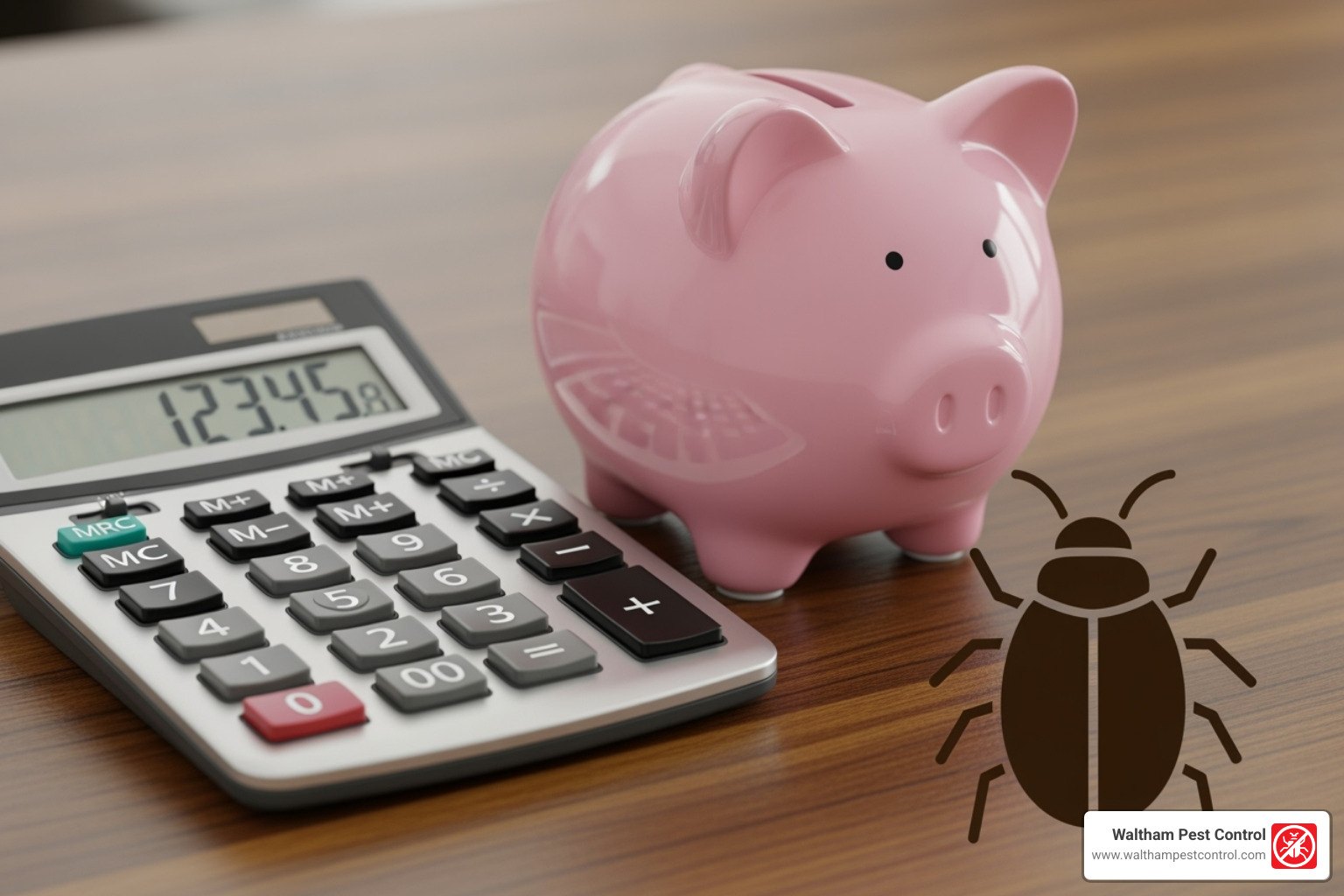 A calculator next to a piggy bank with a bug icon - how much does an exterminator cost for bed bugs