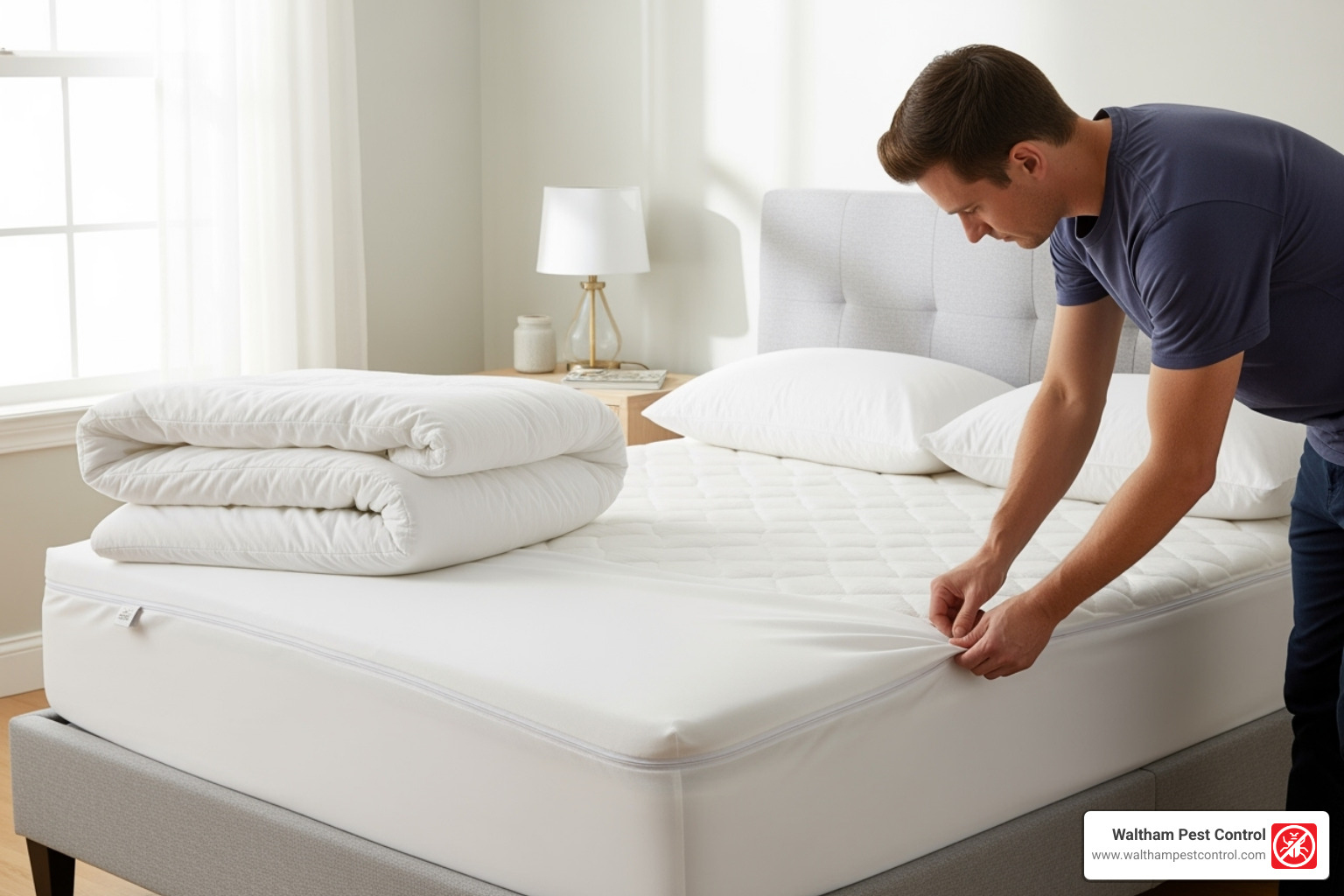 A protective mattress encasement being installed - how much does an exterminator cost for bed bugs