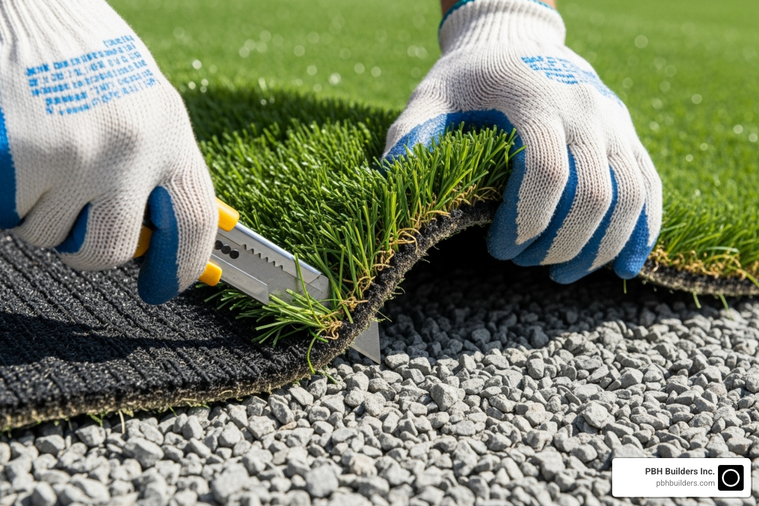 Artificial turf being unrolled and cut from the back with a utility knife - artificial turf installation