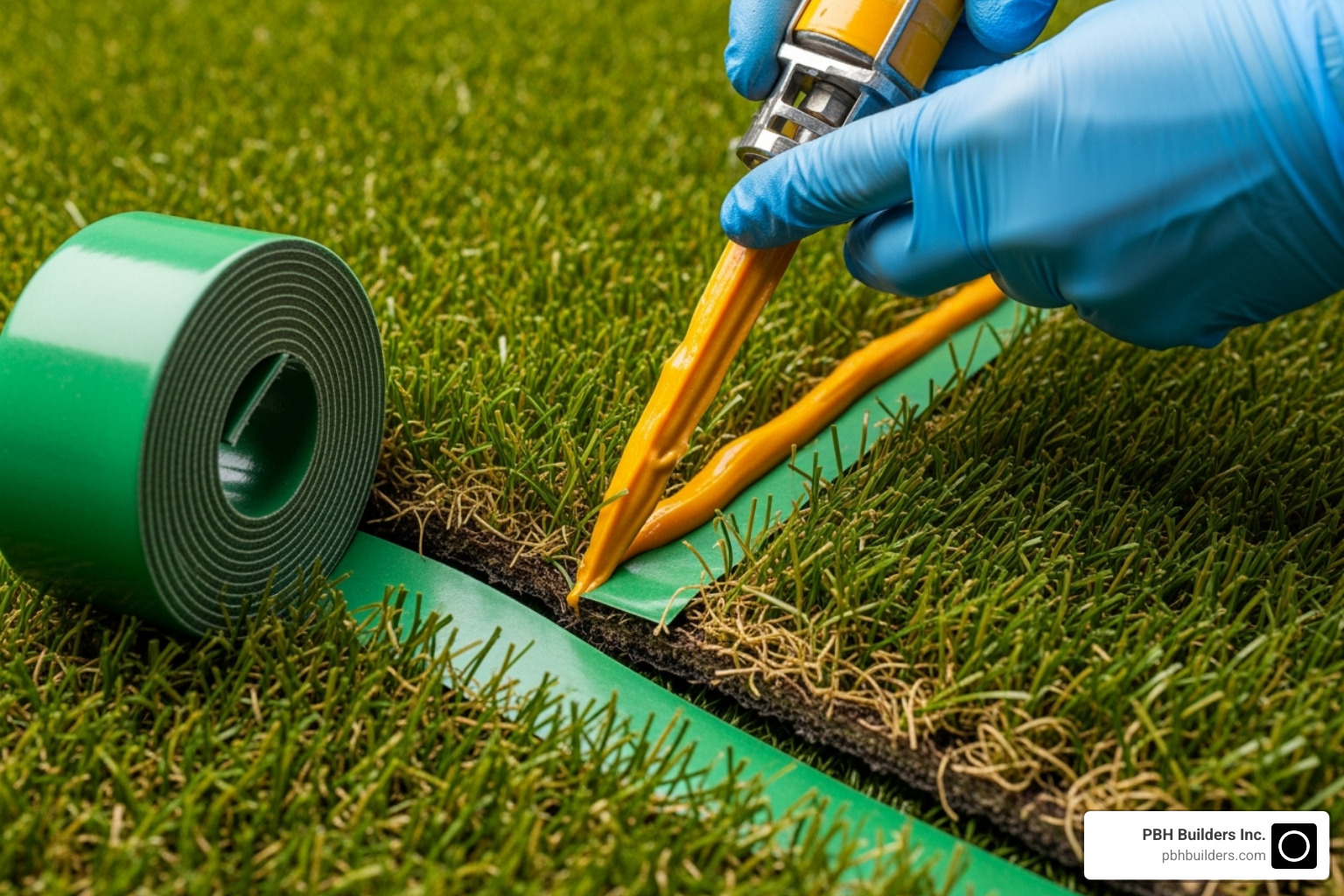 Two pieces of artificial turf being seamed together with seam tape and adhesive - artificial turf installation