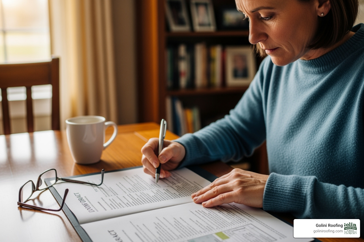 Homeowner reviewing a detailed roofing contract - Roofers for hire Homeowner reviewing a detailed roofing contract - Roofers for hire