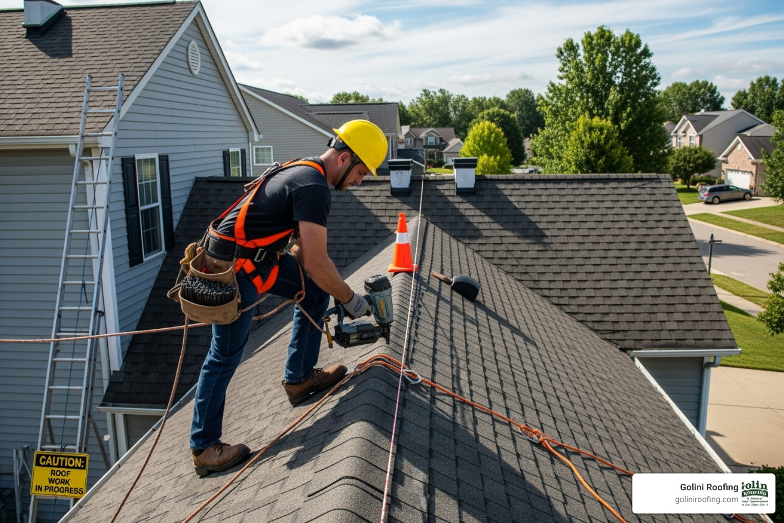 Roofer safely working on a residential roof with proper safety gear - Roofers for hire Roofer safely working on a residential roof with proper safety gear - Roofers for hire