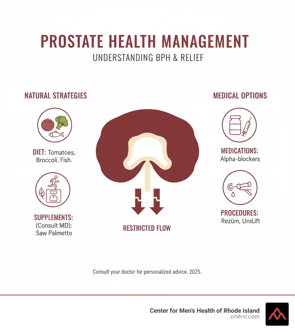 Comprehensive infographic showing an enlarged prostate pressing against the urethra, with arrows indicating restricted urine flow, alongside natural management strategies including dietary recommendations (tomatoes, broccoli, fish), lifestyle changes (exercise, weight management), and medical treatment options (medications, minimally invasive procedures) - how to shrink prostate infographic 