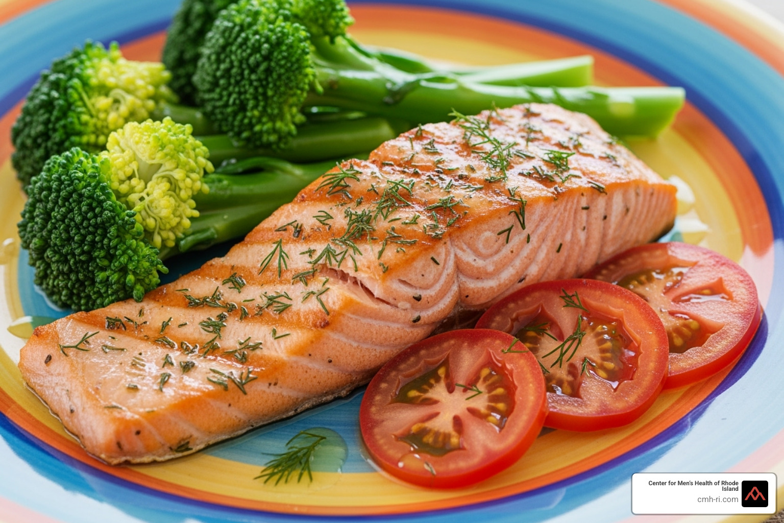 colorful plate with tomatoes, broccoli, and salmon - how to shrink prostate