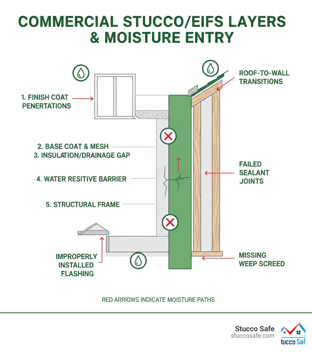Infographic showing the layers of a commercial stucco/EIFS system with common moisture entry points including window penetrations, roof-to-wall transitions, failed sealant joints, missing weep screeds, and improperly installed flashing - commercial stucco inspections NJ infographic 