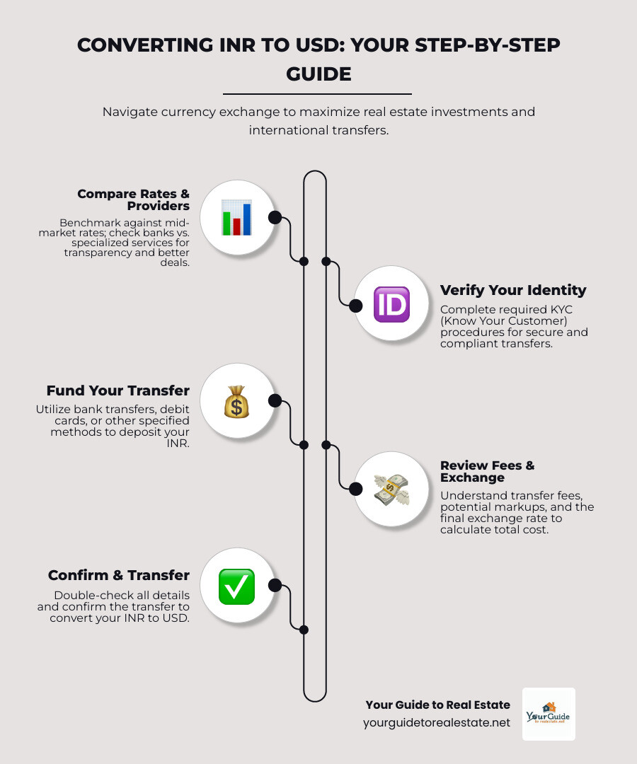 Detailed infographic showing the step-by-step process of converting INR to USD, including rate comparison, provider selection, identity verification, funding methods, and fee calculations with visual icons for each step - inr to usd infographic infographic-line-5-steps-neat_beige