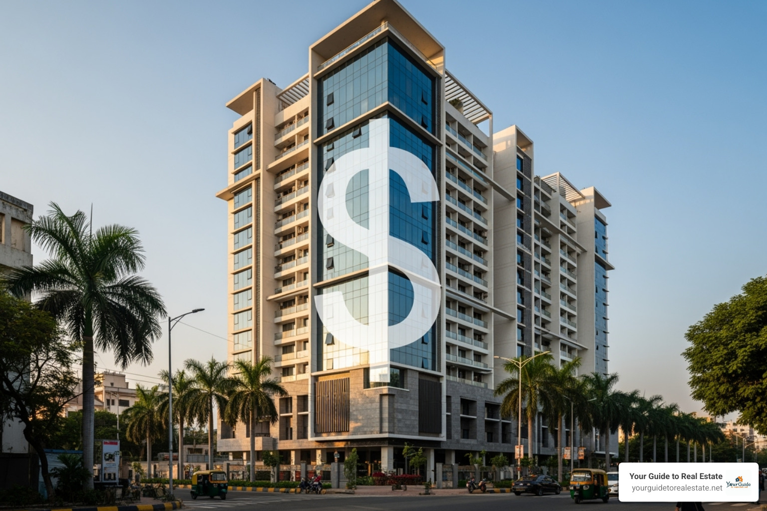 modern apartment building in India with a dollar sign overlay - inr to usd