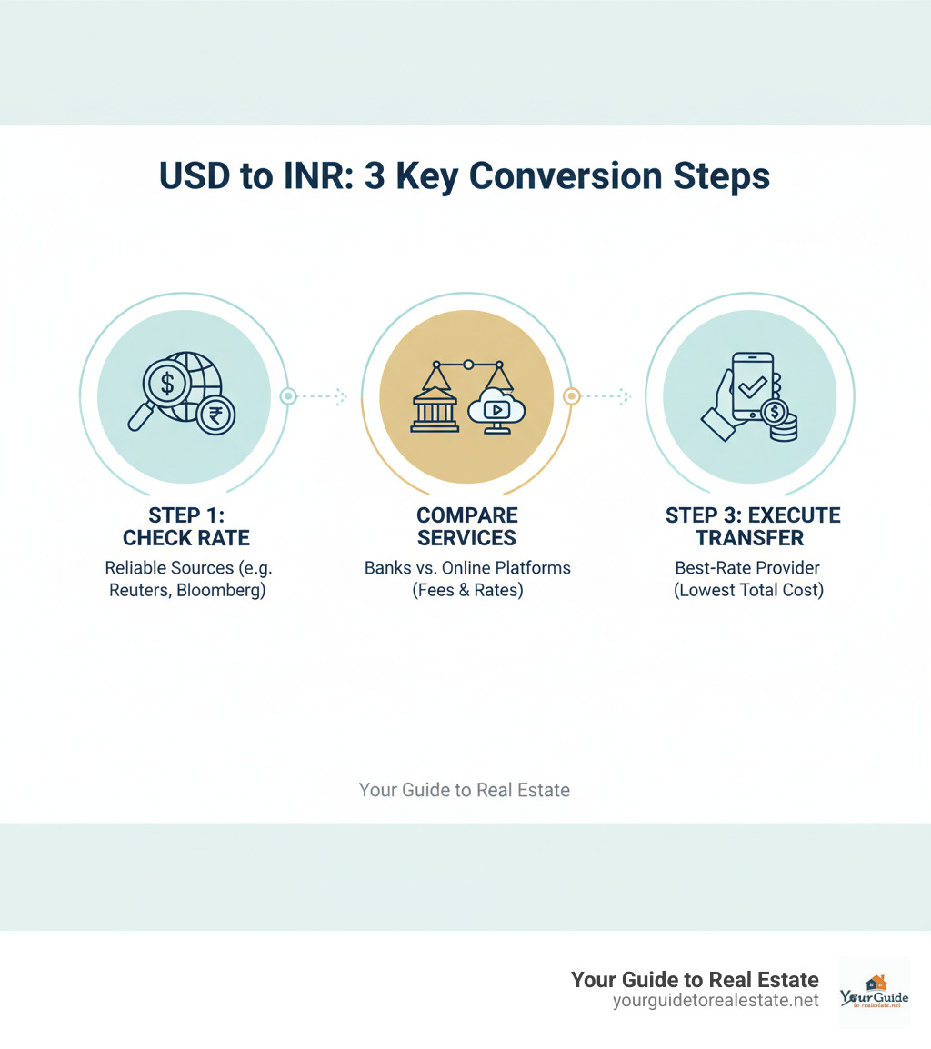 Infographic showing 3 key steps to convert USD to INR: Step 1 - Check current exchange rate using reliable sources, Step 2 - Compare transfer services including banks vs online platforms with fees and rates, Step 3 - Execute transfer using best-rate provider with lowest total cost - 1000 usd to inr infographic 