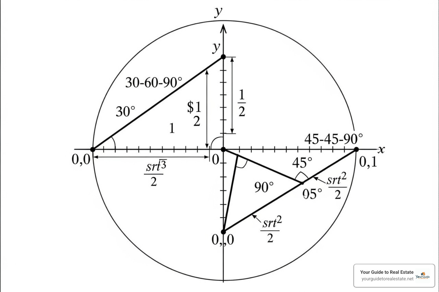 First quadrant of the unit circle with 30-60-90 and 45-45-90 triangles shown, labeling their sides and angles to derive coordinate points - the unit circle First quadrant of the unit circle with 30-60-90 and 45-45-90 triangles shown, labeling their sides and angles to derive coordinate points - the unit circle