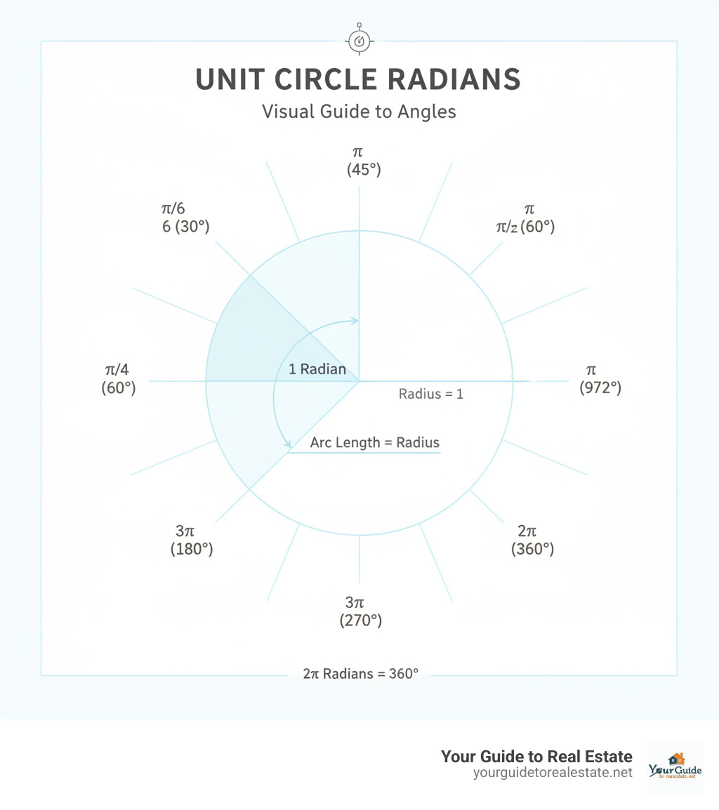 Infographic showing a unit circle with radius 1, demonstrating that 1 radian is the angle where arc length equals radius, with key angles marked: π/6, π/4, π/3, π/2, π, 3π/2, and 2π, alongside their degree equivalents - unit circle radians infographic 