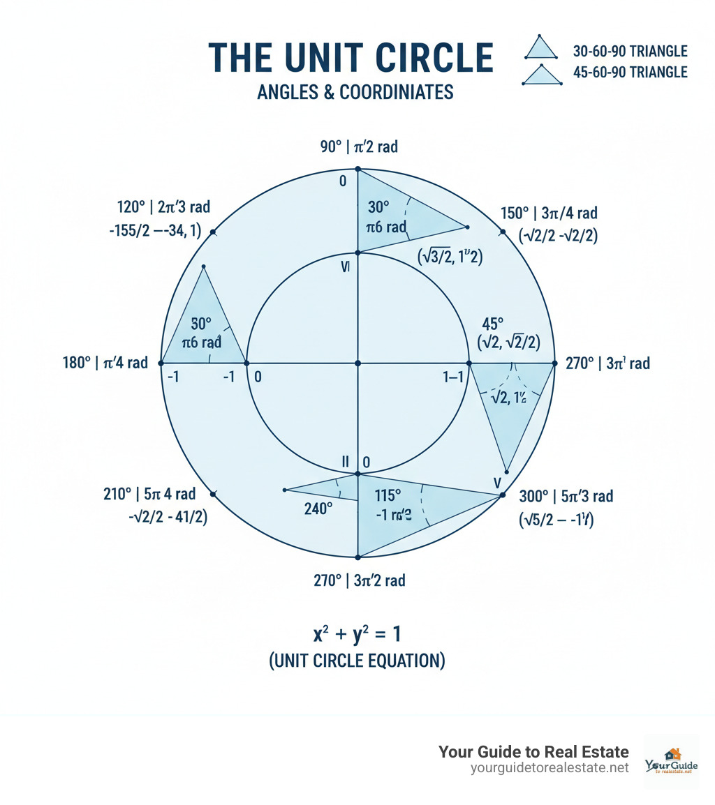 Infographic explaining the relationship between degrees, radians, and key coordinate points on the unit circle with special triangles (30-60-90 and 45-45-90) highlighted in each quadrant - blank unit circle infographic Infographic explaining the relationship between degrees, radians, and key coordinate points on the unit circle with special triangles (30-60-90 and 45-45-90) highlighted in each quadrant - blank unit circle infographic
