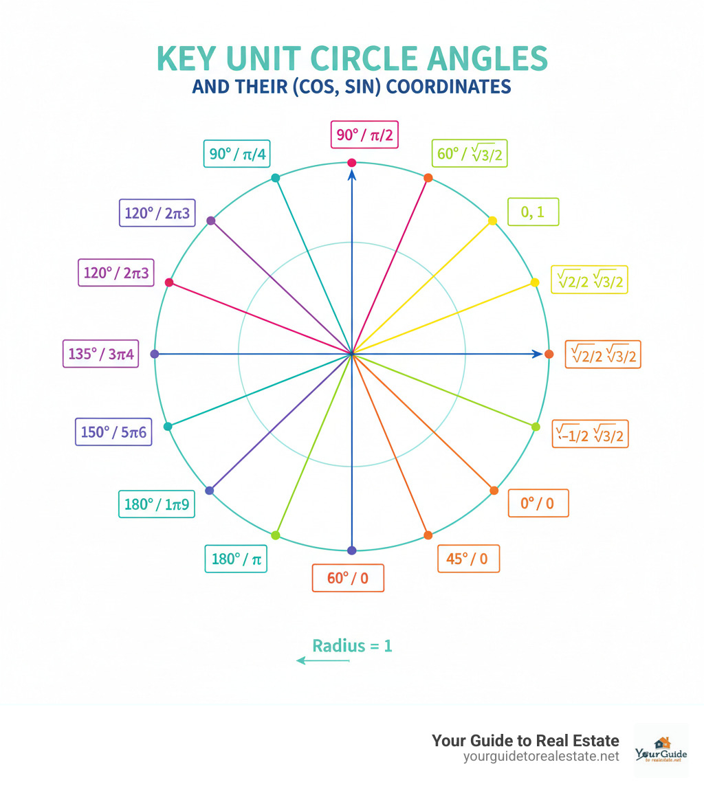 Infographic of key unit circle angles and their (cos, sin) coordinates - unit circle tangent infographic 