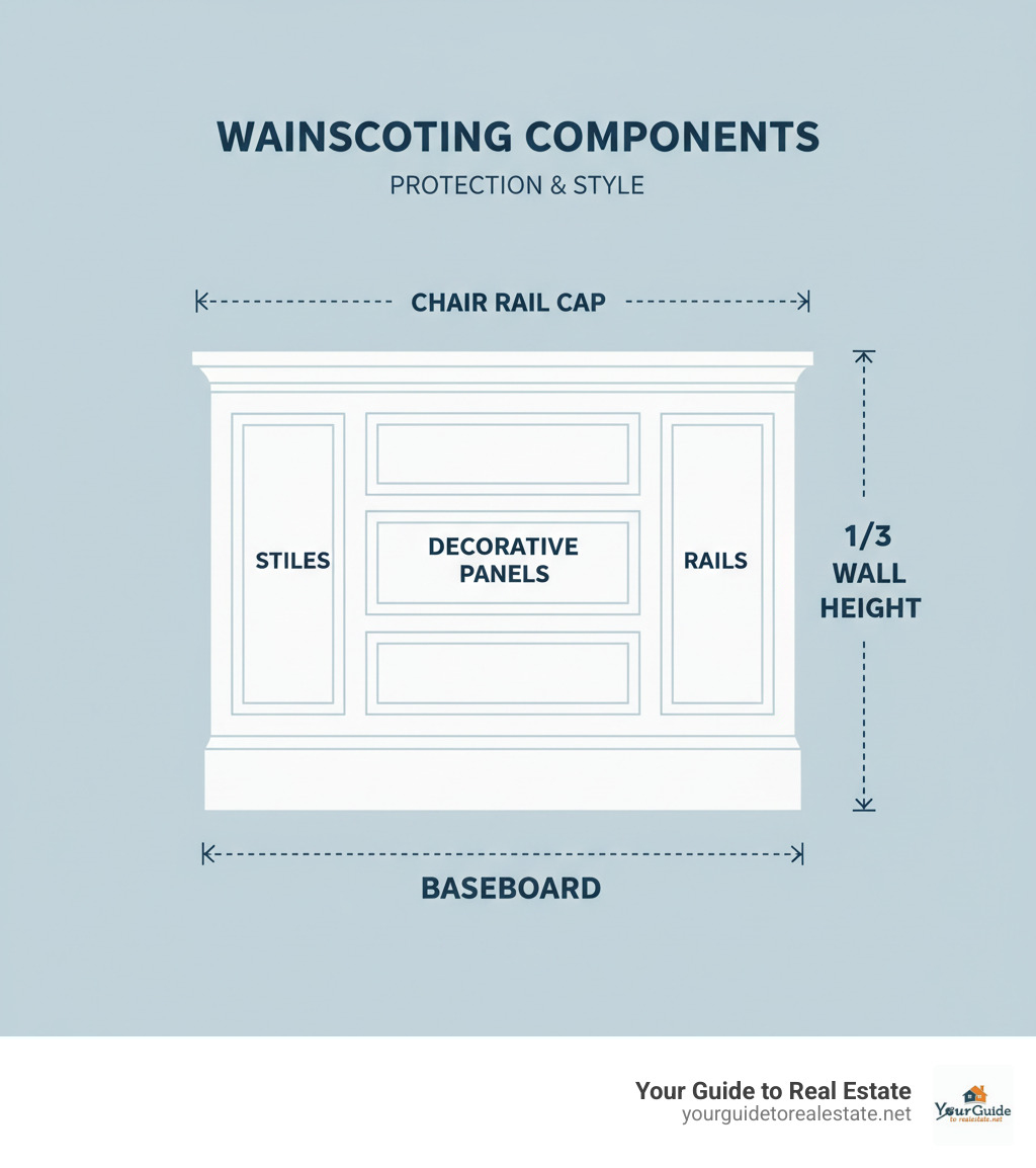 Infographic showing the basic components of wainscoting including baseboard at bottom, decorative panels in middle section with vertical stiles and horizontal rails, topped with chair rail cap, demonstrating the one-third wall height rule - wainscoting infographic Infographic showing the basic components of wainscoting including baseboard at bottom, decorative panels in middle section with vertical stiles and horizontal rails, topped with chair rail cap, demonstrating the one-third wall height rule - wainscoting infographic