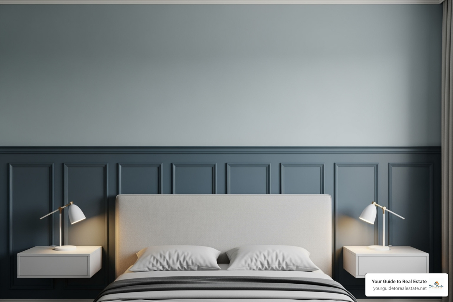 A beautifully painted wainscoting accent wall in a bedroom, featuring a calming blue-gray color on the lower panels and a lighter shade on the upper wall, creating a serene and sophisticated atmosphere - wainscoting A beautifully painted wainscoting accent wall in a bedroom, featuring a calming blue-gray color on the lower panels and a lighter shade on the upper wall, creating a serene and sophisticated atmosphere - wainscoting