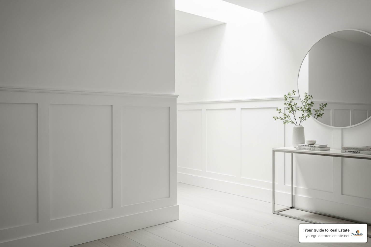 Wainscoting used creatively in a modern entryway or hallway, featuring clean lines and a crisp white finish that brightens the space and adds architectural interest - wainscoting Wainscoting used creatively in a modern entryway or hallway, featuring clean lines and a crisp white finish that brightens the space and adds architectural interest - wainscoting