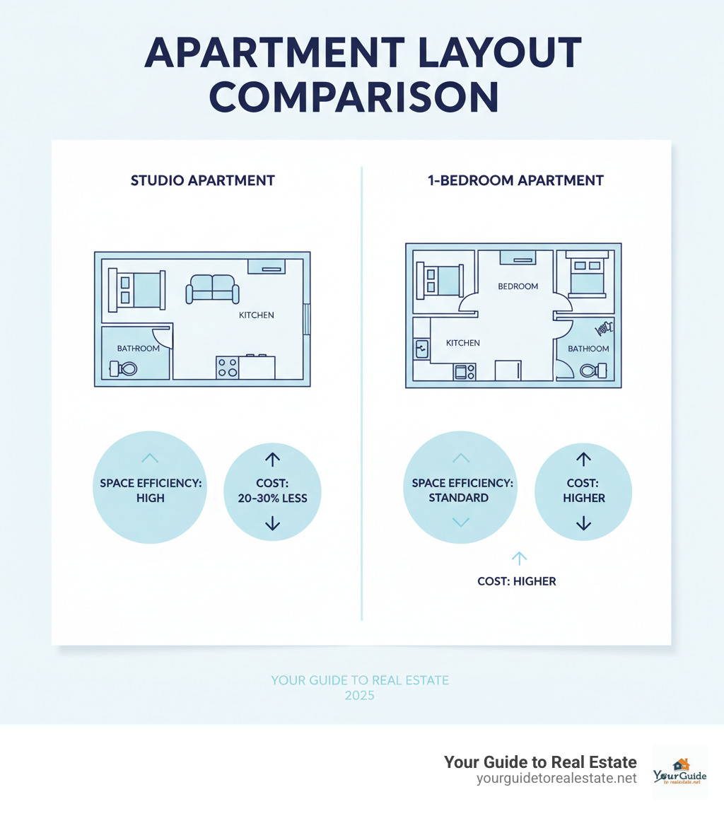 Infographic showing studio apartment layout with combined living/sleeping area, kitchenette, and separate bathroom compared to one-bedroom apartment with distinct rooms for sleeping, living, kitchen and bathroom areas, highlighting space efficiency and cost differences - studio apartments infographic 