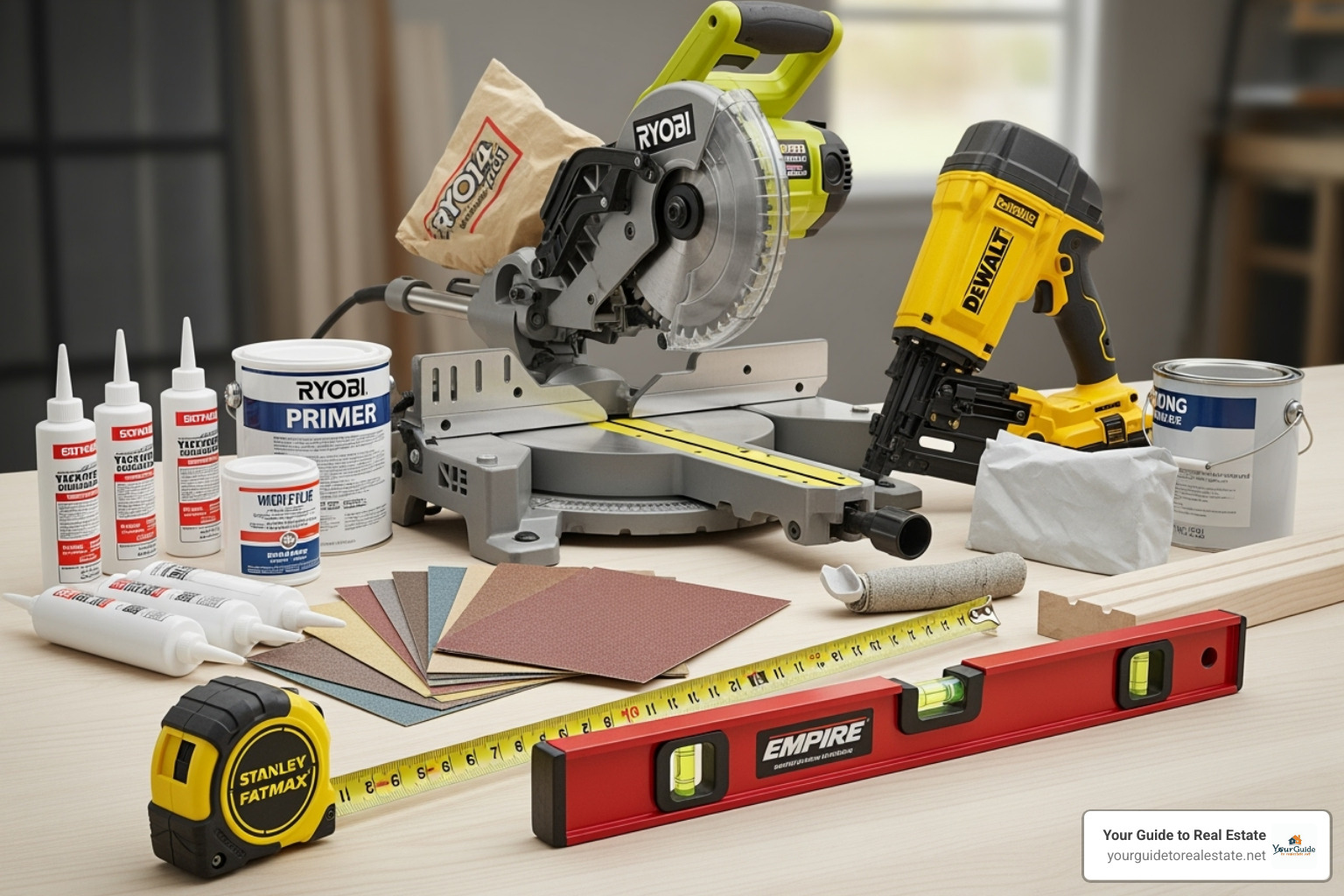 Tools laid out for a DIY wainscoting project, including a tape measure, level, miter saw, nail gun, adhesive, wood filler, sandpaper, primer, and paint - wainscoting Tools laid out for a DIY wainscoting project, including a tape measure, level, miter saw, nail gun, adhesive, wood filler, sandpaper, primer, and paint - wainscoting