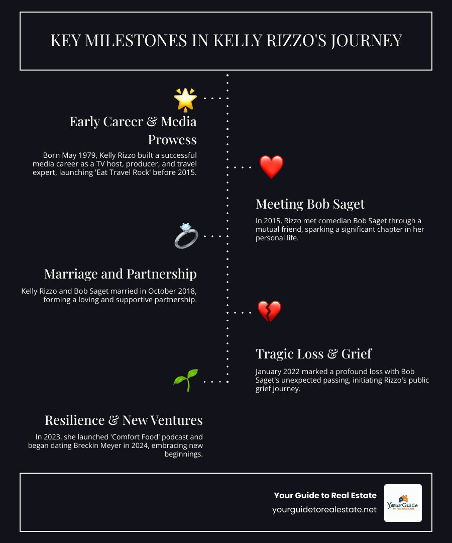 Timeline infographic showing Kelly Rizzo's key life events: Born May 19, 1979, launched media career with Eat Travel Rock, met Bob Saget in 2015, married in October 2018, experienced Saget's death in January 2022, launched Comfort Food podcast in 2023, and began dating Breckin Meyer in 2024 - kelly rizzo infographic infographic-line-5-steps-dark