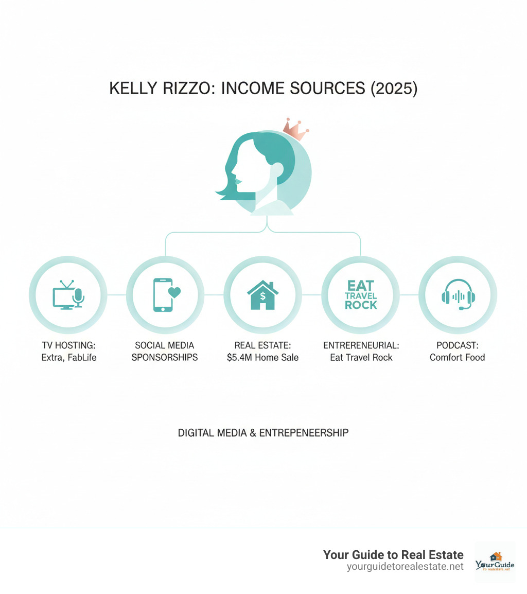 Infographic showing Kelly Rizzo's primary income sources: TV hosting revenue from shows like Extra and FabLife, social media sponsorship deals through Instagram influence, real estate transaction proceeds including $5.4M home sale, entrepreneurial ventures through Eat Travel Rock brand, and podcast monetization via Comfort Food with Kelly Rizzo - kelly rizzo net worth infographic 