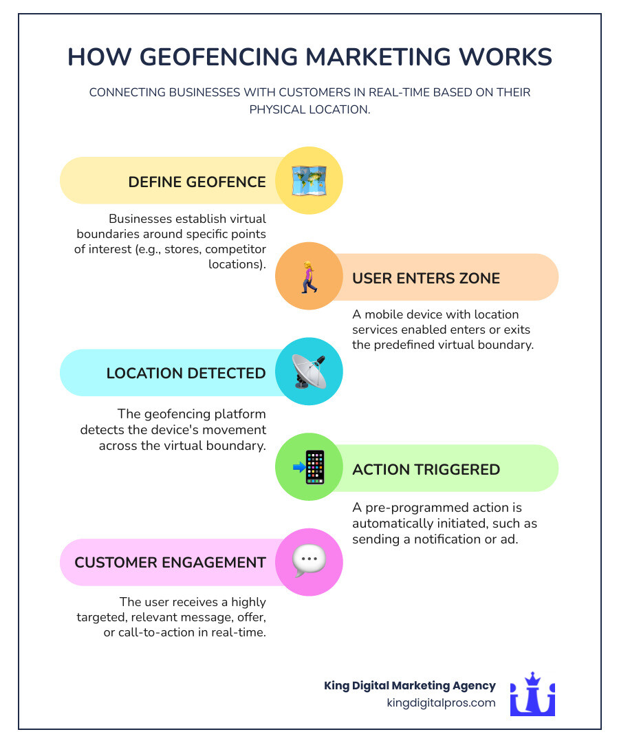 Comprehensive infographic showing how geofencing marketing works: a smartphone user walking past a retail store triggers a virtual boundary, which sends a targeted promotional notification to their device, illustrating the complete customer journey from location detection to ad delivery - Geofencing Marketing infographic infographic-line-5-steps-colors