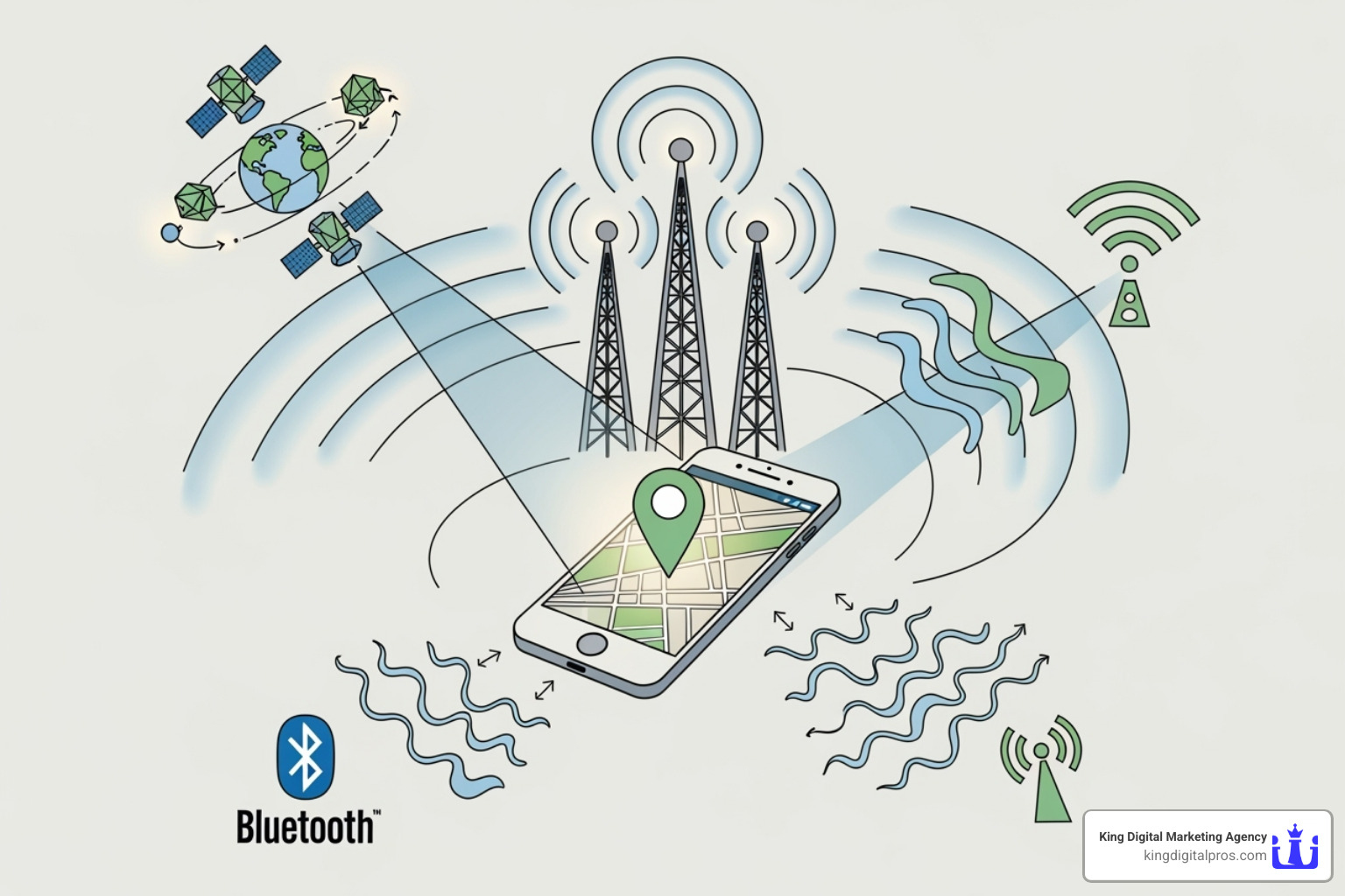 Illustration of GPS, Wi-Fi, Bluetooth, and cellular data symbols interacting to determine a mobile device's location for geofencing - Geofencing Marketing