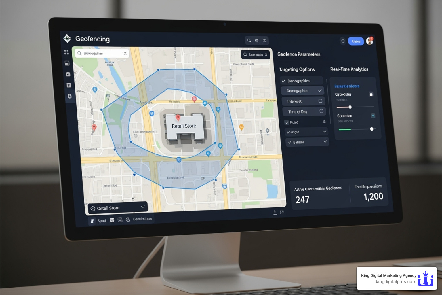 Geofencing software dashboard displaying a map with a precisely defined polygon geofence around a retail store, highlighting targeting capabilities - Geofencing Marketing