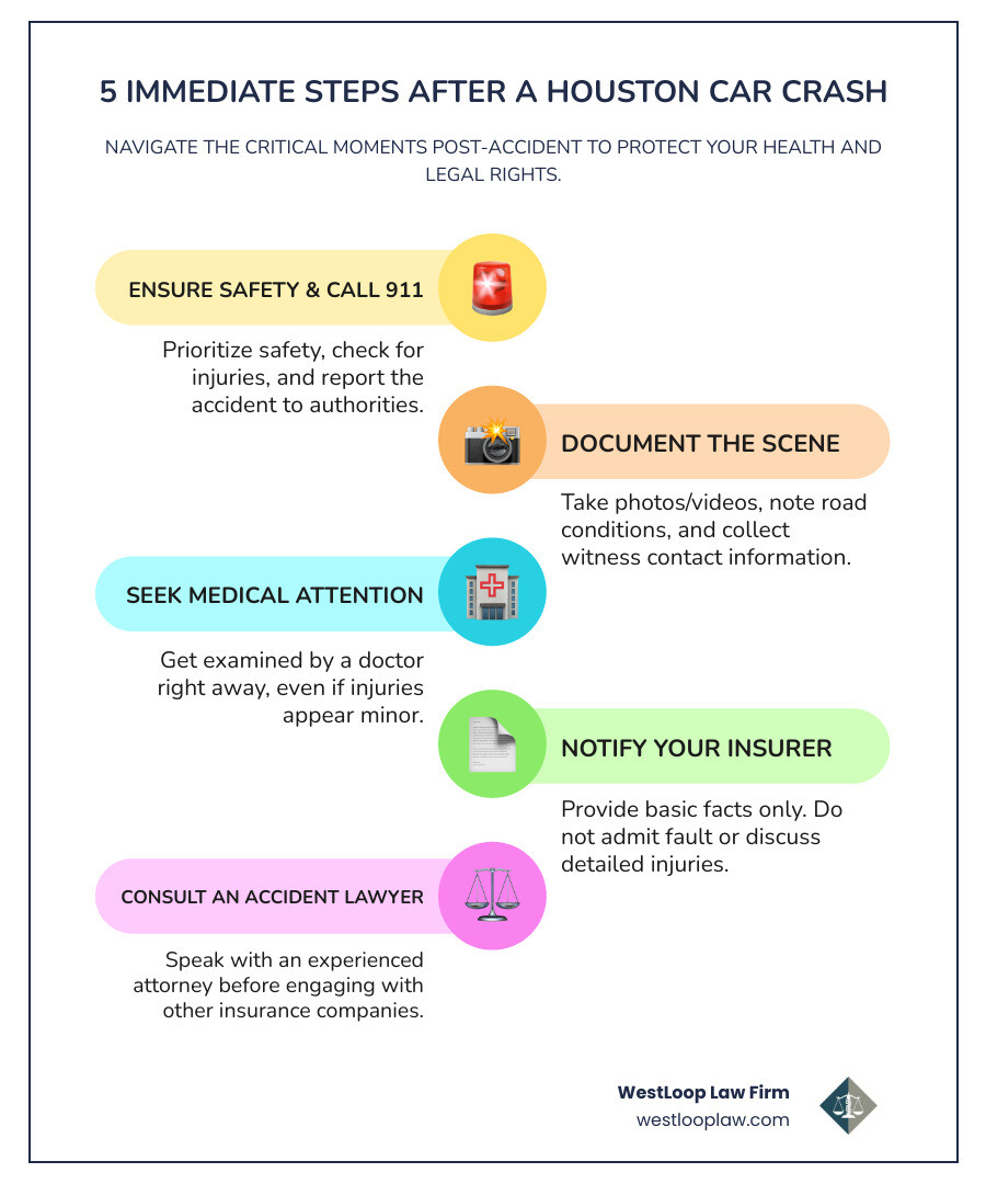 Infographic showing 5 immediate steps after a Houston car crash: 1) Ensure safety and call 911, 2) Document the scene with photos and gather witness information, 3) Seek medical attention even if you feel fine, 4) Contact your insurance company with basic facts only, 5) Call an experienced Houston accident lawyer before speaking to other insurance companies - accident lawyers in houston infographic infographic-line-5-steps-colors