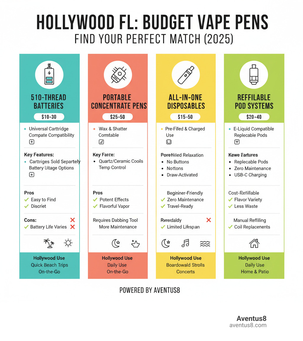 Detailed comparison infographic showing budget vape pen categories with price ranges, key features like battery life and compatibility, pros and cons of each type, and recommended use cases for Hollywood FL residents - Best budget vape pen infographic 