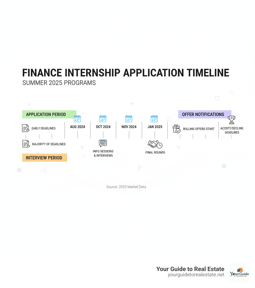 Infographic showing finance internship application timeline from August 2024 through January 2025, with key milestones including application deadlines, interview periods, and offer notifications for Summer 2025 programs - finance internships summer 2025 infographic 