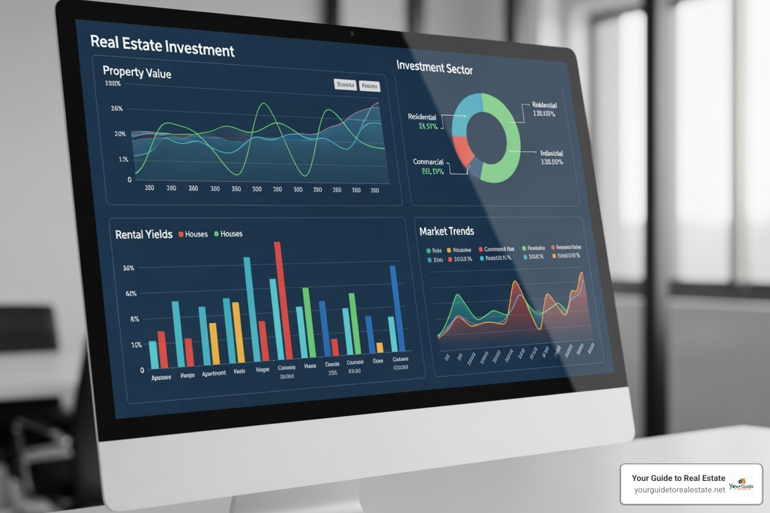 A financial dashboard displaying real estate investment data, including property values, rental yields, and market trends - finance internships