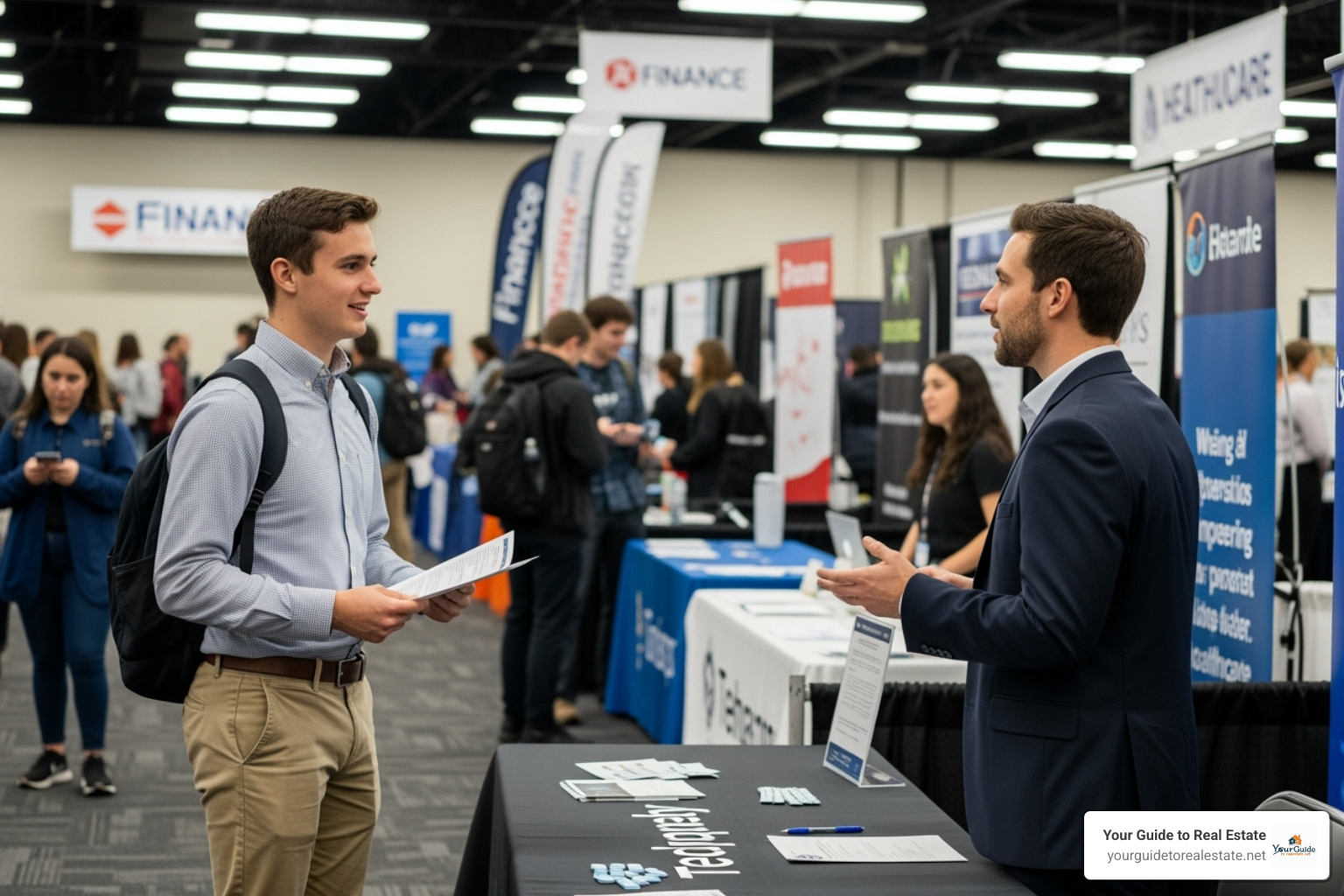 A student talking to a recruiter at a university career fair, with company banners in the background - finance internships