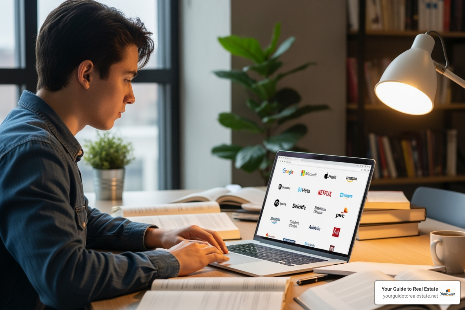 A student applying for an internship on a laptop, with various company logos visible on the screen - finance internships