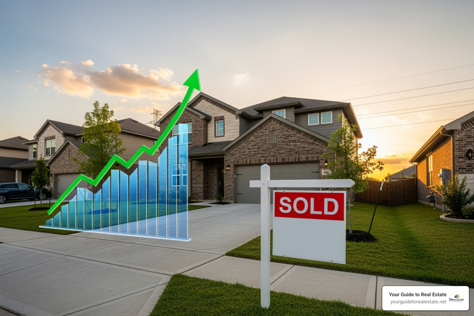 House with a "Sold" sign next to a graph showing investment growth - tradevlog.site finance
