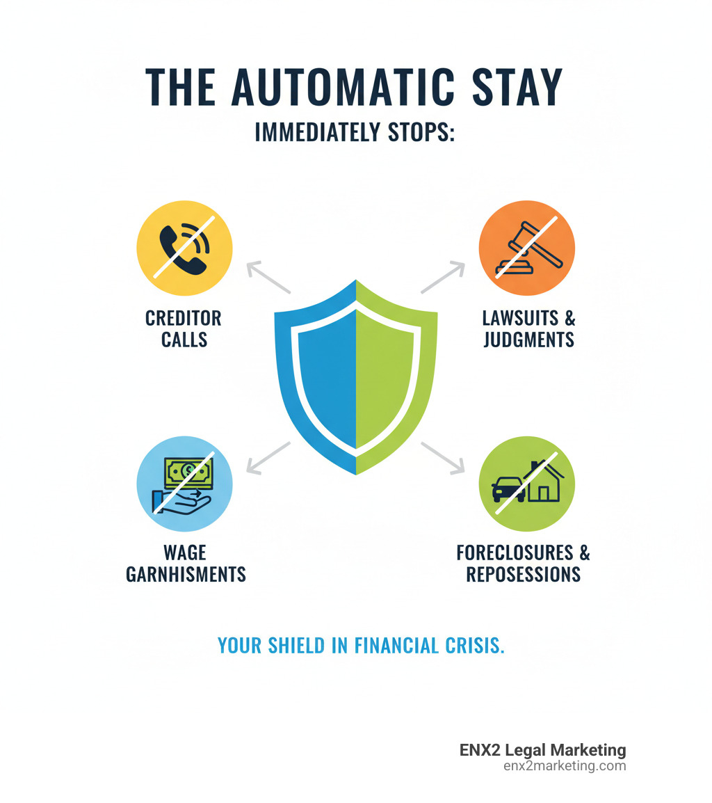 Infographic explaining what the Automatic Stay immediately stops, such as creditor calls, lawsuits, and garnishments - Emergency bankruptcy filing infographic 