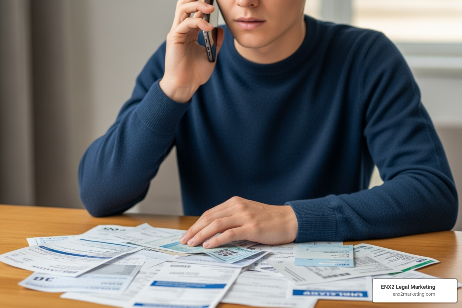 person on the phone looking concerned, with bills on the table - Emergency bankruptcy filing