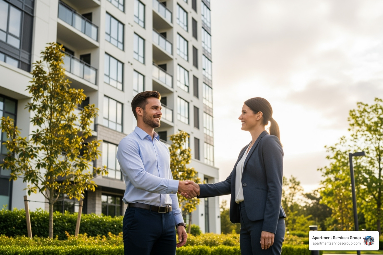 A person confidently shaking hands with a property manager in front of an apartment building - apartment property management