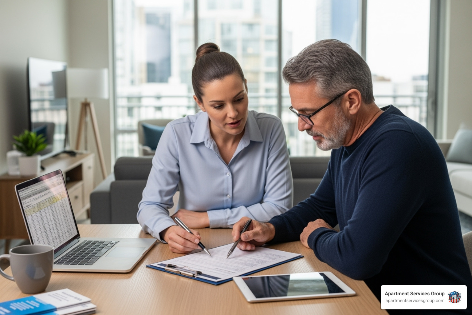 A property manager and an apartment owner reviewing a checklist together - apartment property management