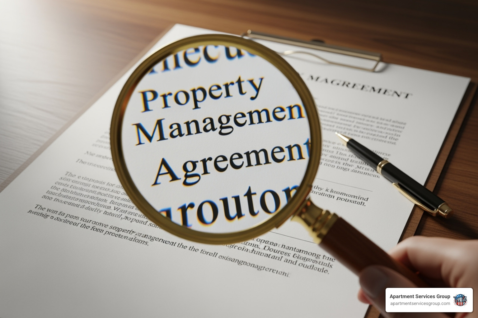 A magnifying glass hovering over a property management agreement - apartment property management