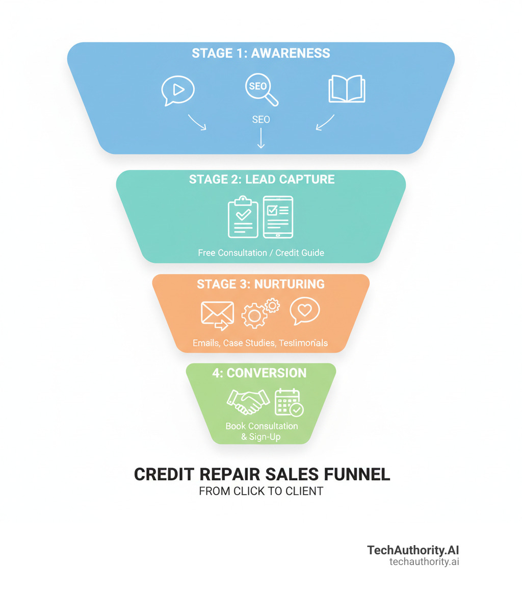 Infographic showing the four stages of a credit repair sales funnel: Stage 1 - Awareness (Social media ads, content marketing, SEO drive traffic), Stage 2 - Lead Capture (Free consultation or credit guide offer on landing page), Stage 3 - Nurturing (Email sequences with educational content, case studies, and testimonials build trust), Stage 4 - Conversion (Clear call-to-action leads to consultation booking and service sign-up) - credit repair clickfunnels infographic 